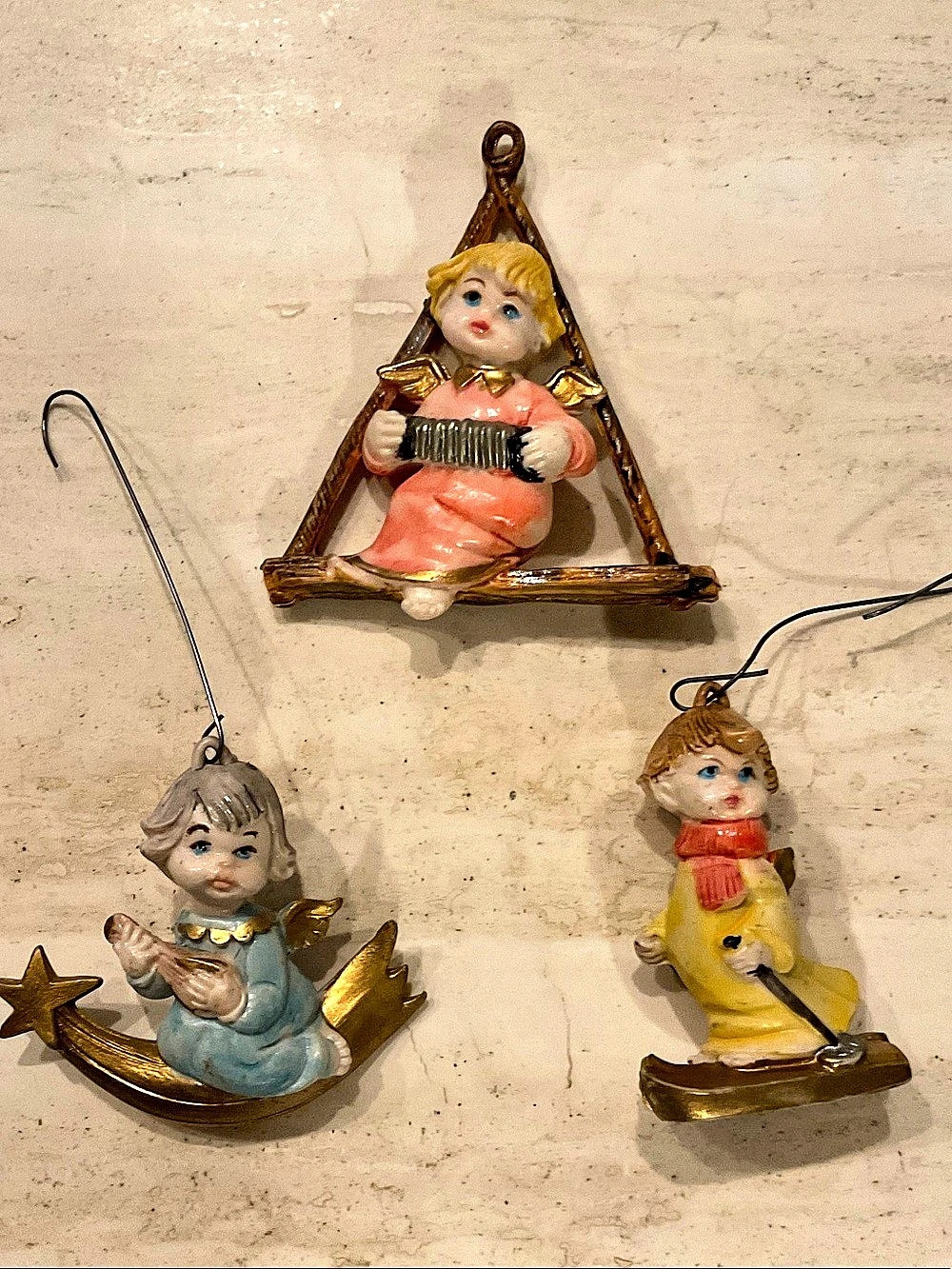 Vintage Angel Ornaments Italy Cherub Angels Skis Moon Swing nLot Of 3 Cherubs